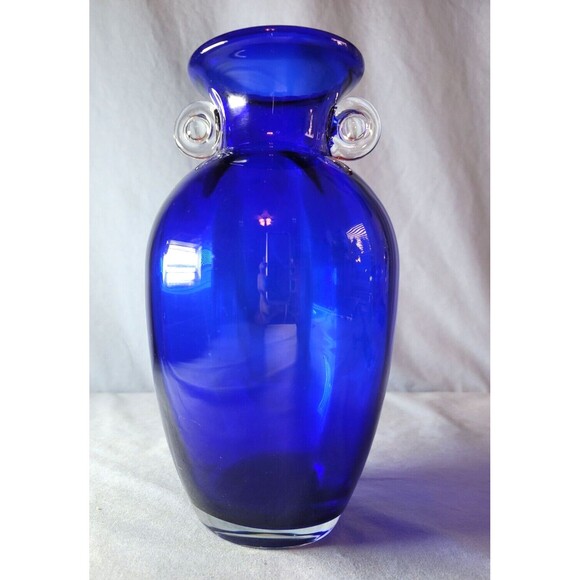 Cobalt Blue Amphora Vase 10"T Vintage Hand Blown w/ Clear Handles - Picture 4 of 10